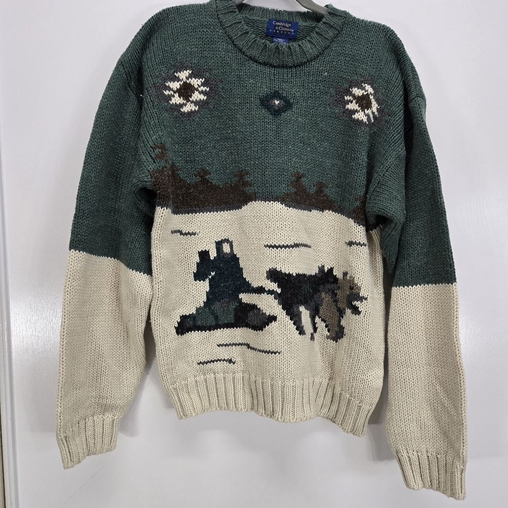 Vtg Cambridge Classics Hand Knit Wool Sweater‎ Mens M Dog Sled Husky Ski Winter
